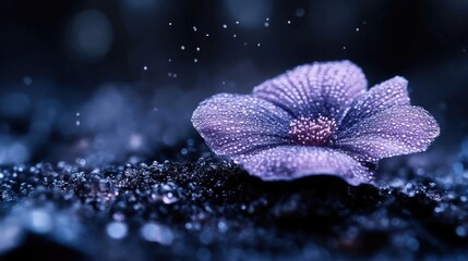 Delicate purple flower, glistening with water droplets, sits on dark soil