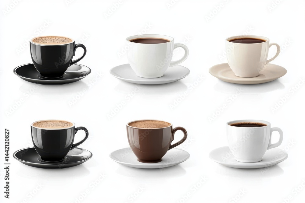 Poster six cups of coffee in different colors arranged on a white surface in a studio setting