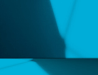 Blue background, summer backdrop, studio room loft table with natural shadow on wall floor, mockup pastel abstract interior modern emtpy for presentation travel product winter spring season