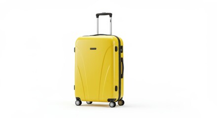 A yellow suitcase with an extendable handle standing on a white surface in a studio setting
