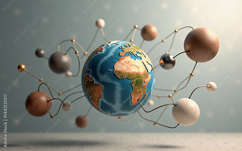 Poster a 3d rendering depicts earth encircled by interconnected spheres, symbolizing global interconnectedn