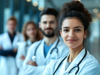 Portrait of smiling female doctor leading diverse medical team, providing healthcare services in hospital setting