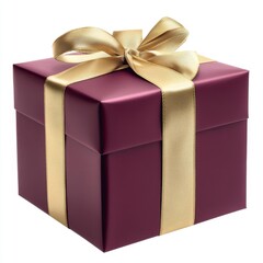 Fototapeta premium Burgundy Gift Box with Gold Ribbon on White Background