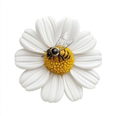 Obraz premium Close-up of a beautiful white daisy flower with a vibrant yellow center and a busy bee collecting nectar during a sunny day in a natural setting