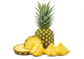 A whole pineapple with green leaves and slices on a white background in a studio setting