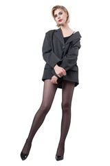 Fototapeta premium Business lady in a suit with amazing long legs in tights in the studio.