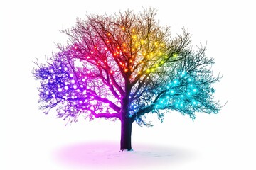 A tree with lights on it that are in different colors.  , isolated on white background.