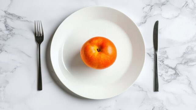 A white plate with an orange apple on it. - Powered by Adobe