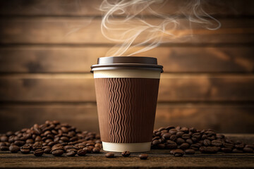 Steaming Hot Coffee To-Go Cup with Roasted Beans on Wooden Table