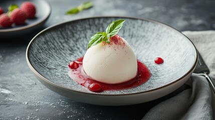 Exquisite Dessert with Creamy Sphere and Berry Sauce on Plate