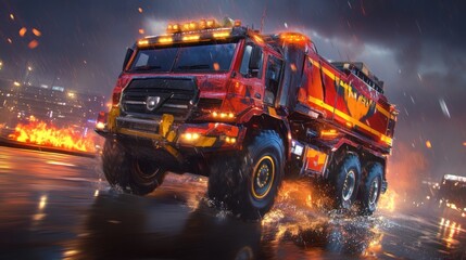 Obraz premium Night Emergency: Powerful Firetruck Racing Through City Streets Amidst Blazing Inferno