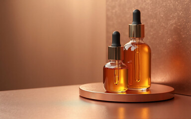 Two amber glass bottles with droppers sit on a copper stand against a copper backdrop. The bottles contain a golden liquid, possibly oil or serum. Illumination highlights the product.