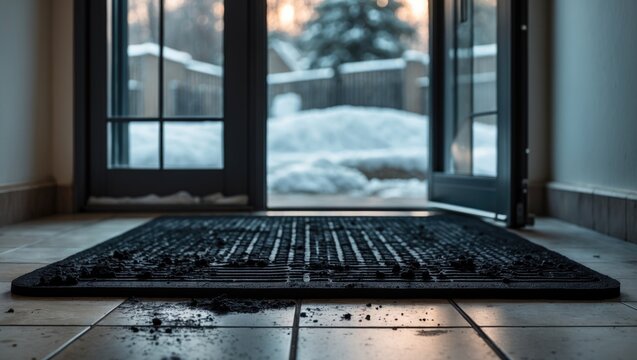Tiled floor inside house entrance featuring muddy rubber doormat, related to cleaning and household concepts