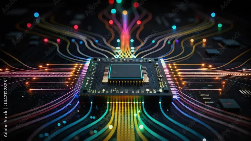 Poster a vibrant close-up of a microchip with colorful circuits radiating from it, showcasing the intricate