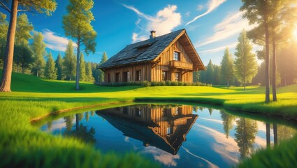 Fototapeta premium Alpine retreat with a swimming pond