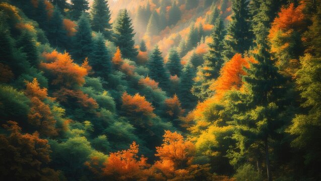 Serene Autumn Hues on Mountain Slopes Surrounded by Pines