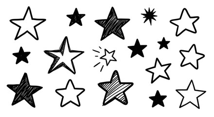 Hand-Drawn Star Collection: 15 Unique Doodle Stars for Design on transparent background