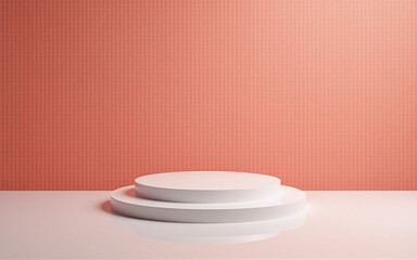 Minimalist scene: Two-tiered white cylindrical podium against a coral-striped backdrop.  Clean, modern aesthetic. Perfect for product display.