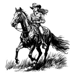 Fototapeta premium Vintage engraving style, beautiful young cowgirl woman on horseback, black sketch illustration, western life, trendy design, cowboy culture, rodeo, rustic art, equestrian lifestyle