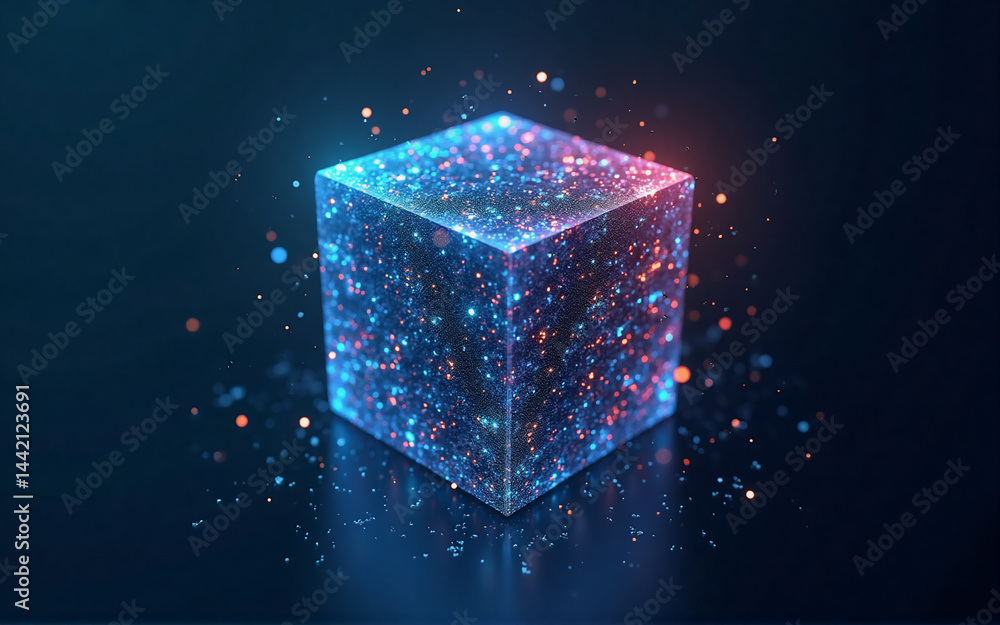 Poster a luminous cube, composed of vibrant blue and red particles, floats on a dark reflective surface. pa