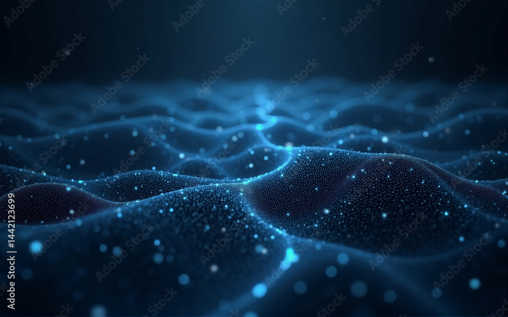 Poster abstract digital art depicting a dark blue, undulating surface composed of countless glowing particl