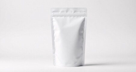 Minimalist white standing pouch with soft natural shadow on bright background. Perfect clean mockup for professional product packaging and branding displays.