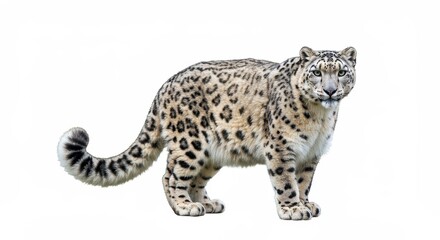 Obraz premium A majestic snow leopard standing isolated against a stark white background in full view shot