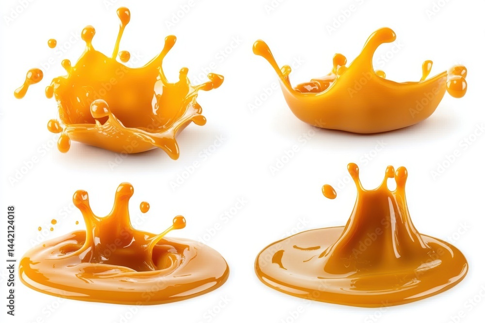 Poster four caramel splashes isolated on a white background showing liquid motion and dynamic shapes