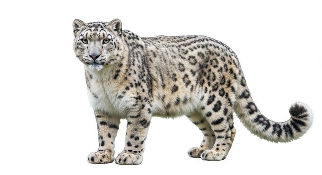 A snow leopard standing isolated on white background looking at the viewer with a curled tail behind it