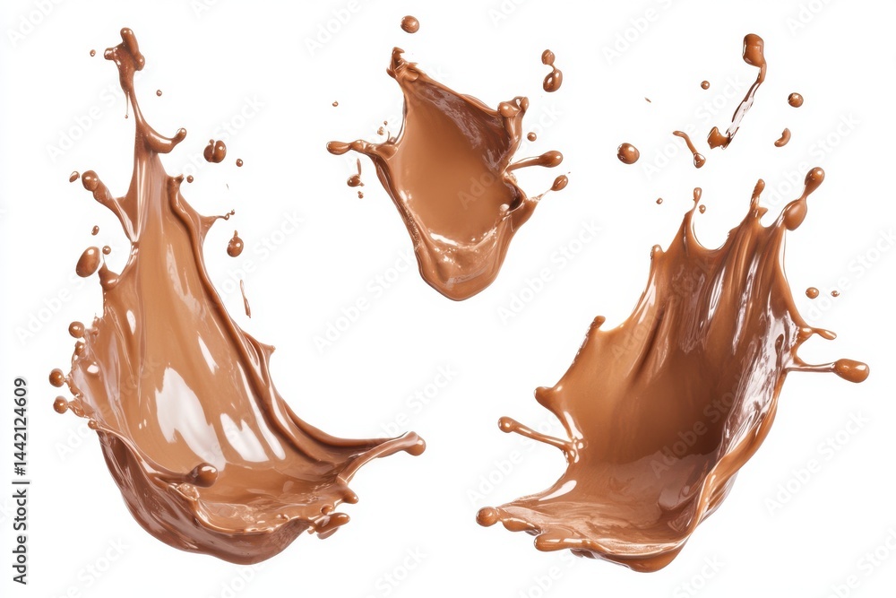 Poster three chocolate splashes isolated on a white background showing liquid motion and dynamic shapes