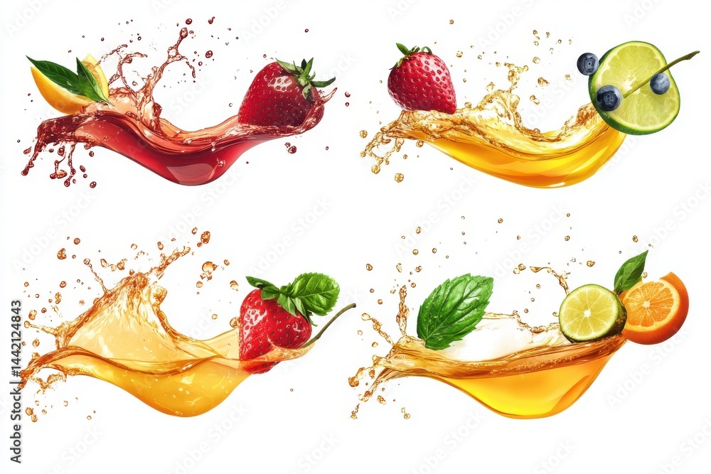 Poster assorted fruit with splashes of liquid on a white background, vibrant and refreshing display