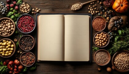 Open Recipe Book Mockup And Organic Food Ingredients With Spices, Top View, Copy Space.