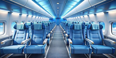 Empty Airplane Cabin, Panoramic View, Blue Seats, Spacious Interior