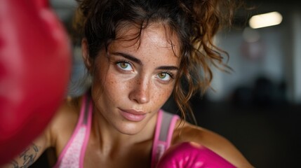 Close-up of determined young woman boxer wearing pink gloves in training at gym