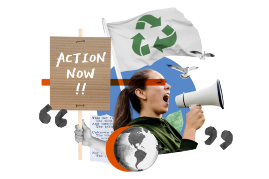 Action now png, environment activism collage art, transparent background