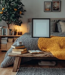 Cozy Modern Bedroom Interior Design with Yellow Blanket and Books