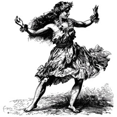Hawaiian young woman dance pose, vintage vector engraving, island girl traditional dance art, retro style illustration, black sketch line art, exotic cultural portrait © Vintage studio