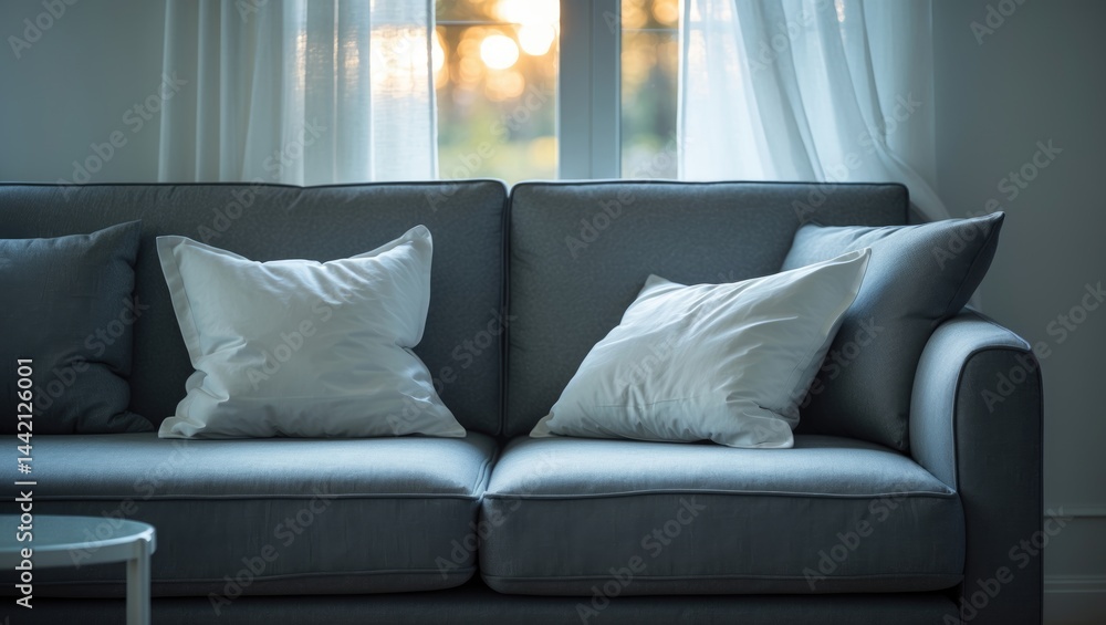 Poster modern sofa with cushions positioned near the window in an interior space. elegant design
