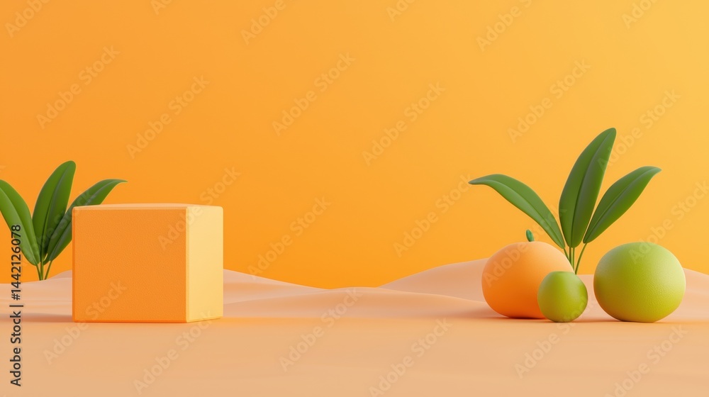 Poster a 3d rendering of a still life scene with a large orange cube, two smaller oranges, and two small gr