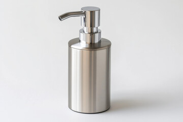 Obraz premium Stainless steel soap dispenser mounted on a tiled wall, reflecting vibrant colors in modern bathroom setting.