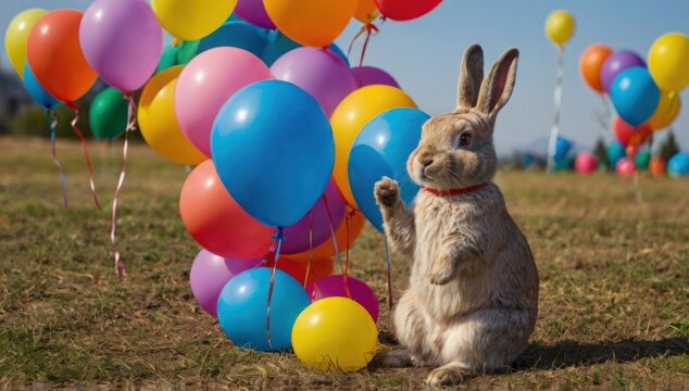 una coneja tejedora con globos