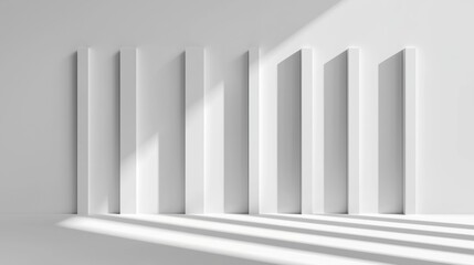 Obraz premium A minimalist white room with a geometric pattern of vertical lines and a floor of parallel lines.
