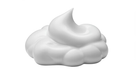 Isolated close up shot of a fluffy white shaving cream swirl on a plain white background surface area