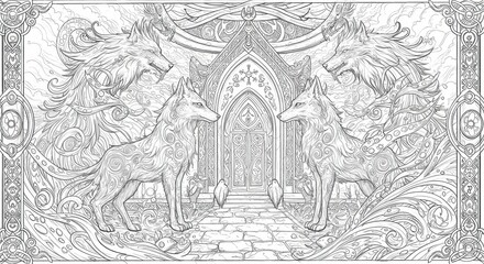 Naklejka premium Runes and Wolves Shrine Line Art