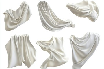 Collection of six draped white fabrics in various flowing shapes on a clean white background