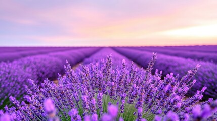 Obraz premium Vibrant purple lavender field stretches to the horizon under a soft pastel sunset sky.