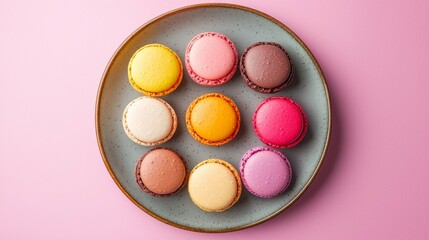 Obraz premium Colorful Macarons on a Plate Against a Pink Background