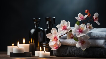 spa with candles, fluffy white towels in roll, lotus flower, black stones, bamboo wall on background, place for text