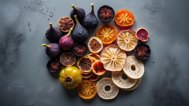 Dried fruits and vegetables arranged in a flat lay from above.