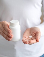 A close-up image of  woman holding supplement pill alongside a white bottle.